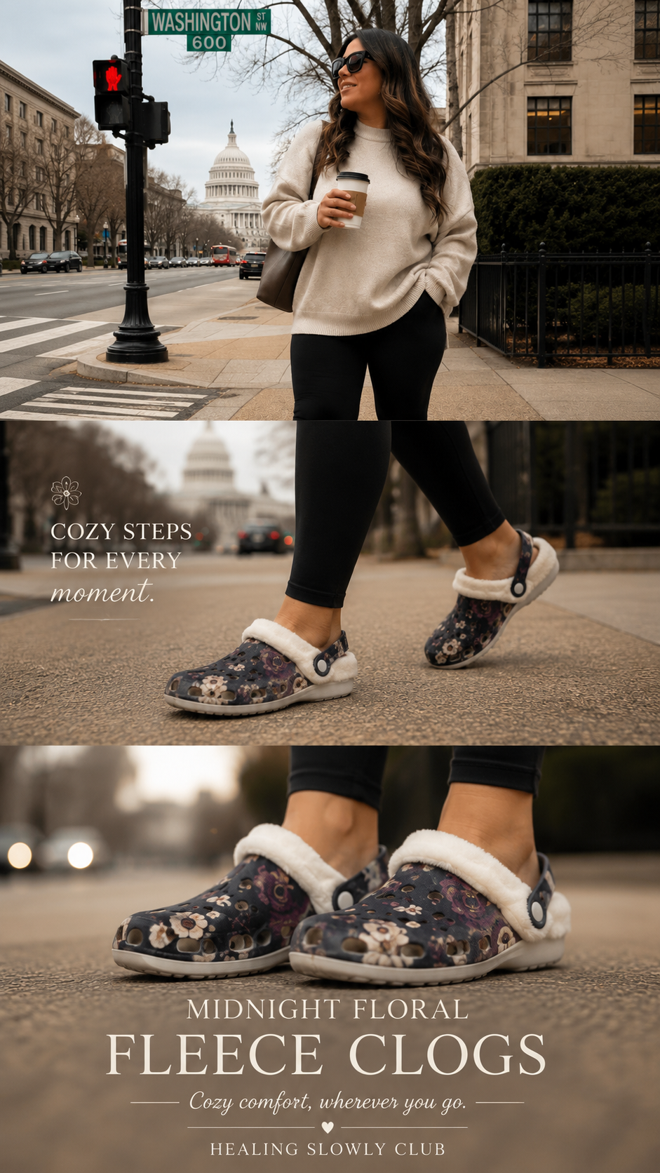 Midnight Floral Fleece Clogs – Women’s Cozy Slip-On Shoes