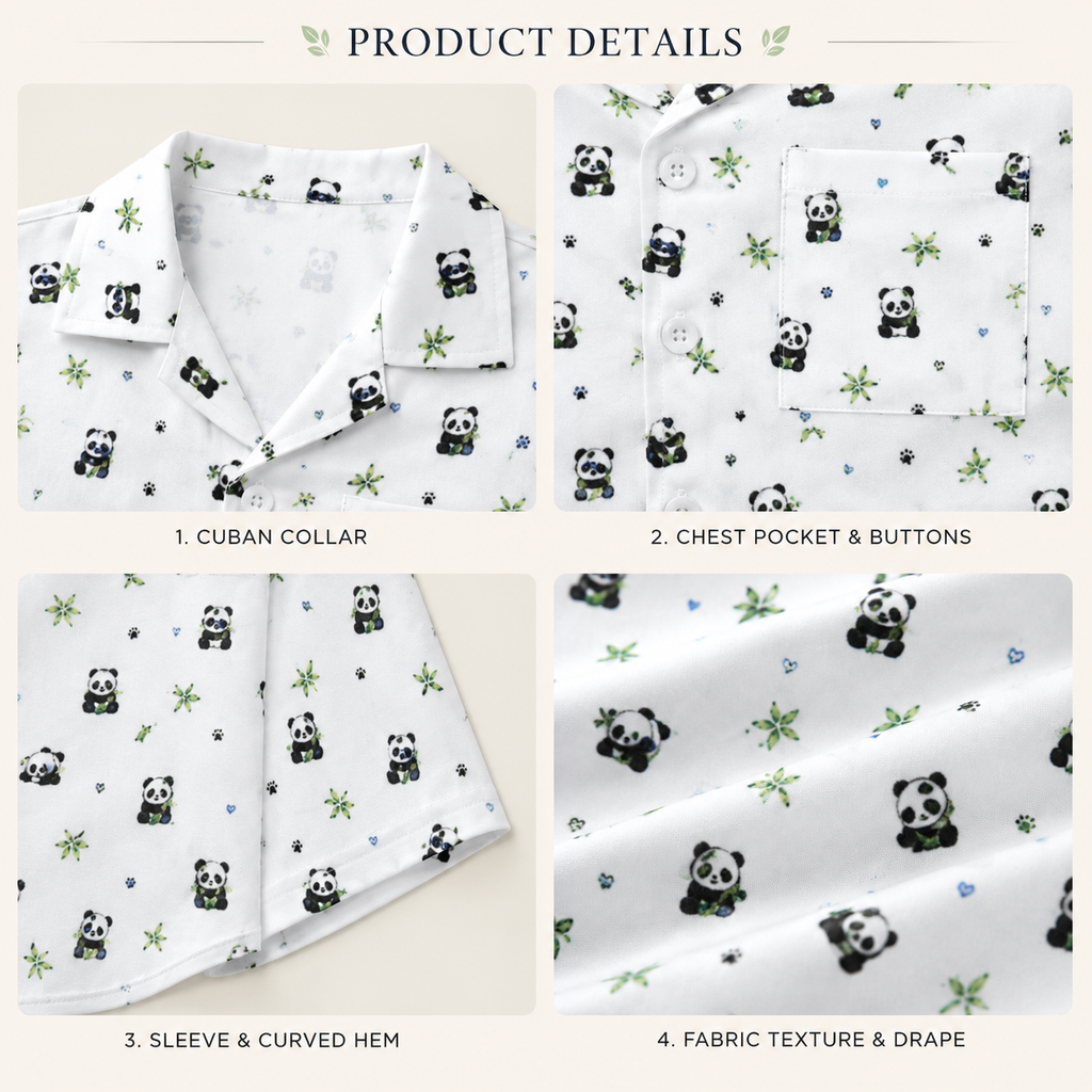 Kids Panda Print Cuban Collar Shirt | Lightweight Summer Shirt