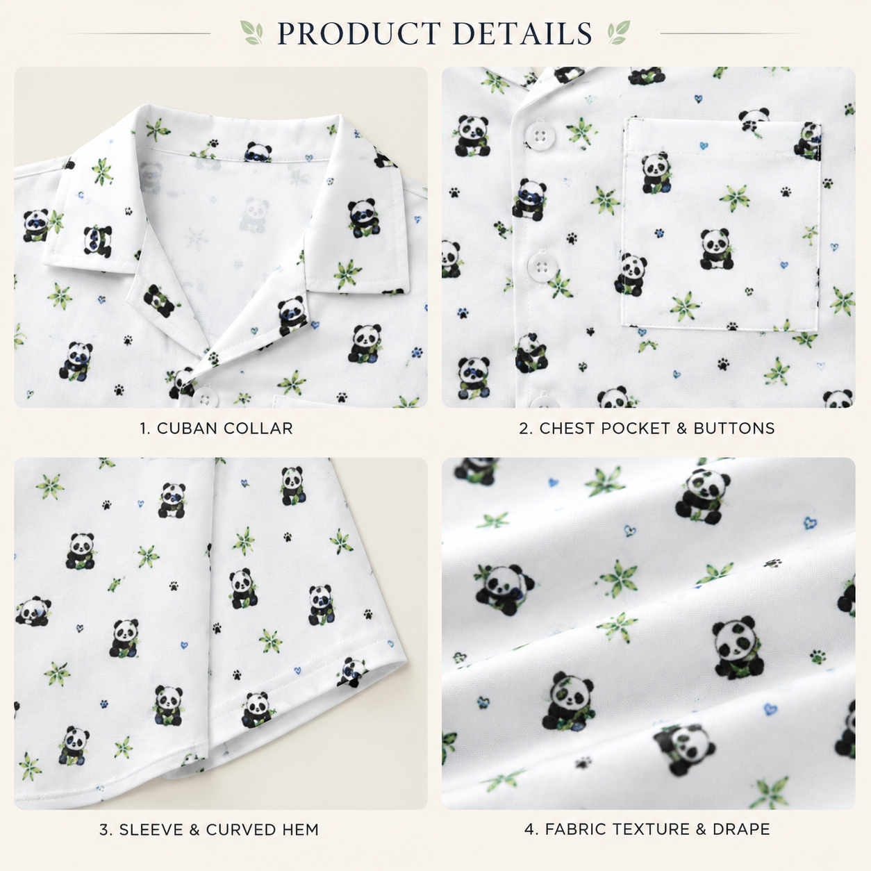 Kids Panda Print Cuban Collar Shirt | Lightweight Summer Shirt
