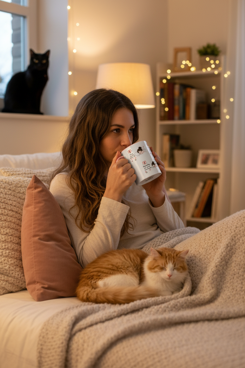 Morning With My Cat Mug | Cute Cat Lover Coffee Mug | Cozy Cat Mom Gift | Doodle Story Mug