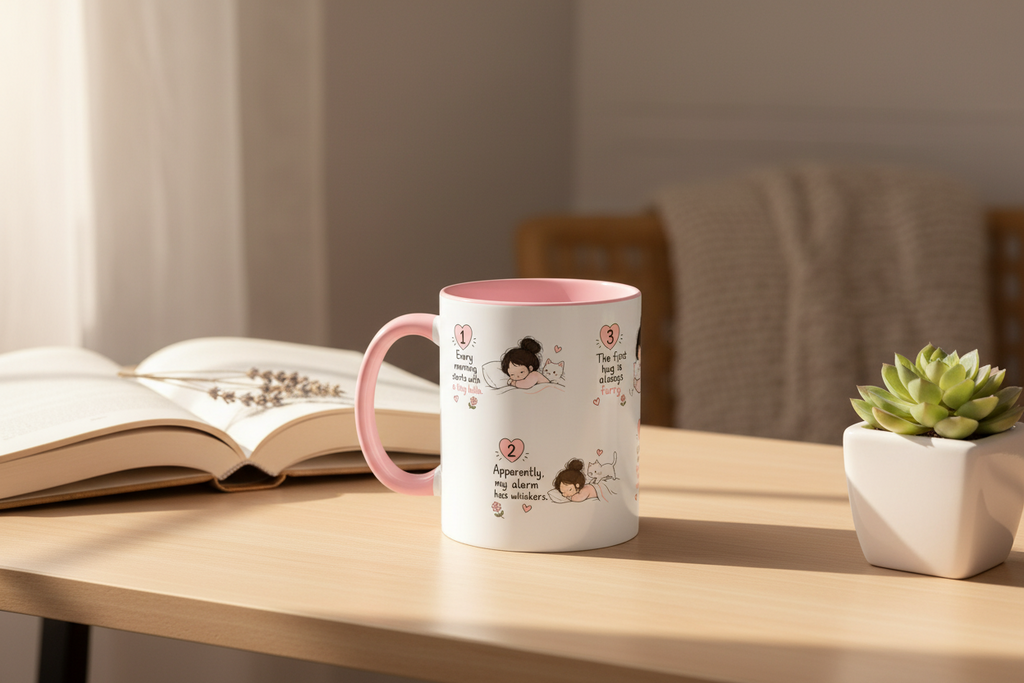 Morning With My Cat Mug | Cute Cat Lover Coffee Mug | Cozy Cat Mom Gift | Doodle Story Mug