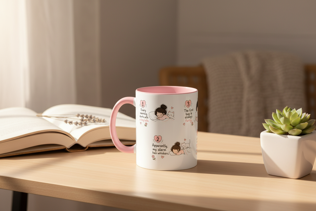 Morning With My Cat Mug | Cute Cat Lover Coffee Mug | Cozy Cat Mom Gift | Doodle Story Mug