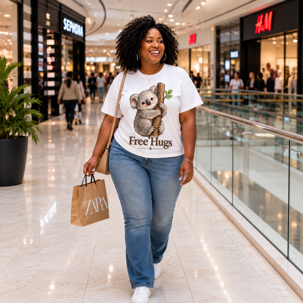 Free Hugs Koala T-Shirt | Cute Animal Graphic Tee for Women