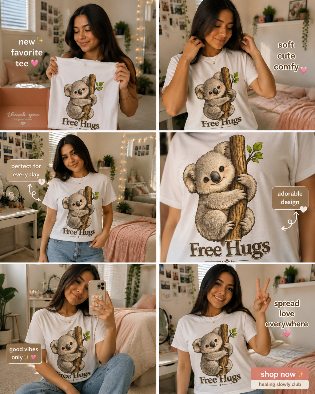 Free Hugs Koala T-Shirt | Cute Animal Graphic Tee for Women