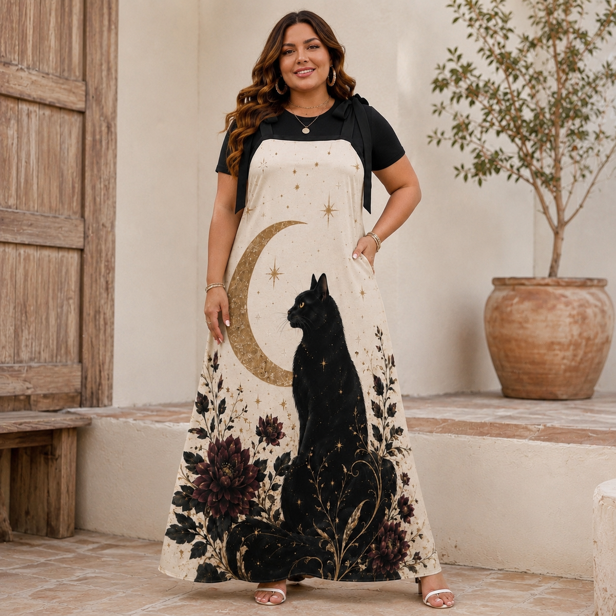 Celestial Black Cat Moon Floral Maxi Dress