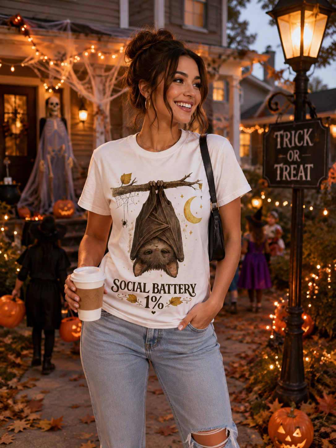 Social Battery 1%™ Cute Bat Halloween T-Shirt