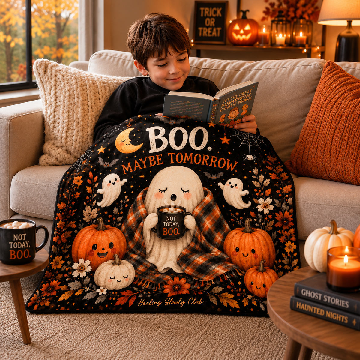 BOO. Maybe Tomorrow Halloween Ghost Throw Blanket