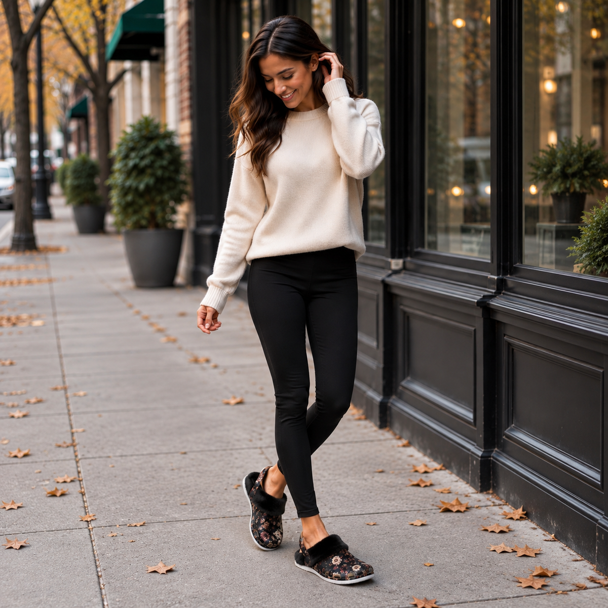 Midnight Floral Fleece Clogs – Women’s Cozy Slip-On Shoes