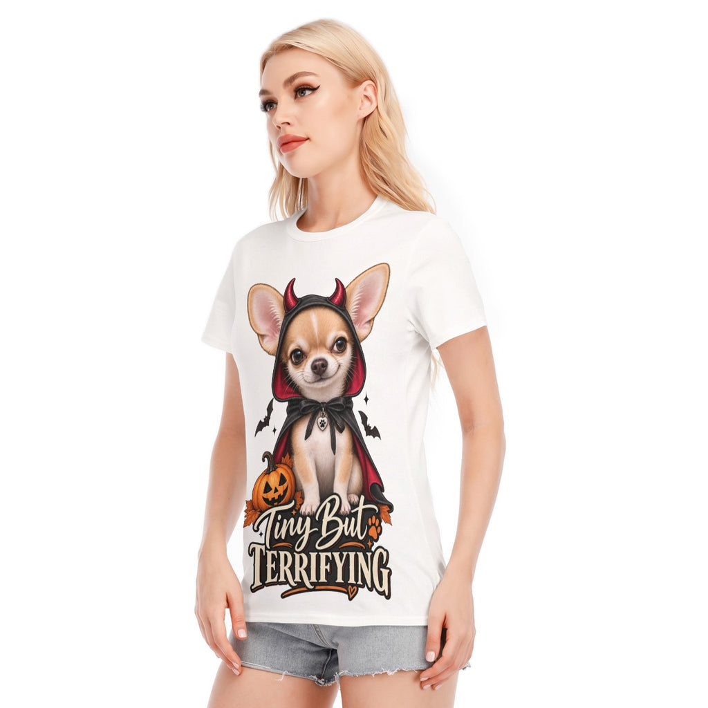 “Tiny But Terrifying” Chihuahua Halloween T-Shirt – Women’s Cotton Tee