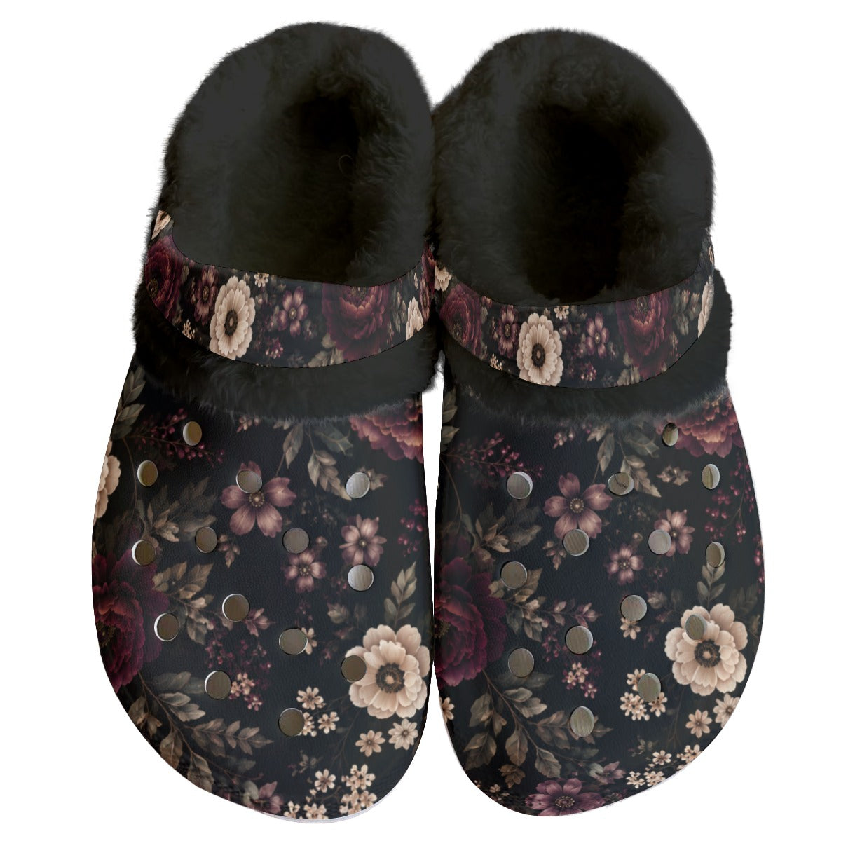Midnight Floral Fleece Clogs – Women’s Cozy Slip-On Shoes