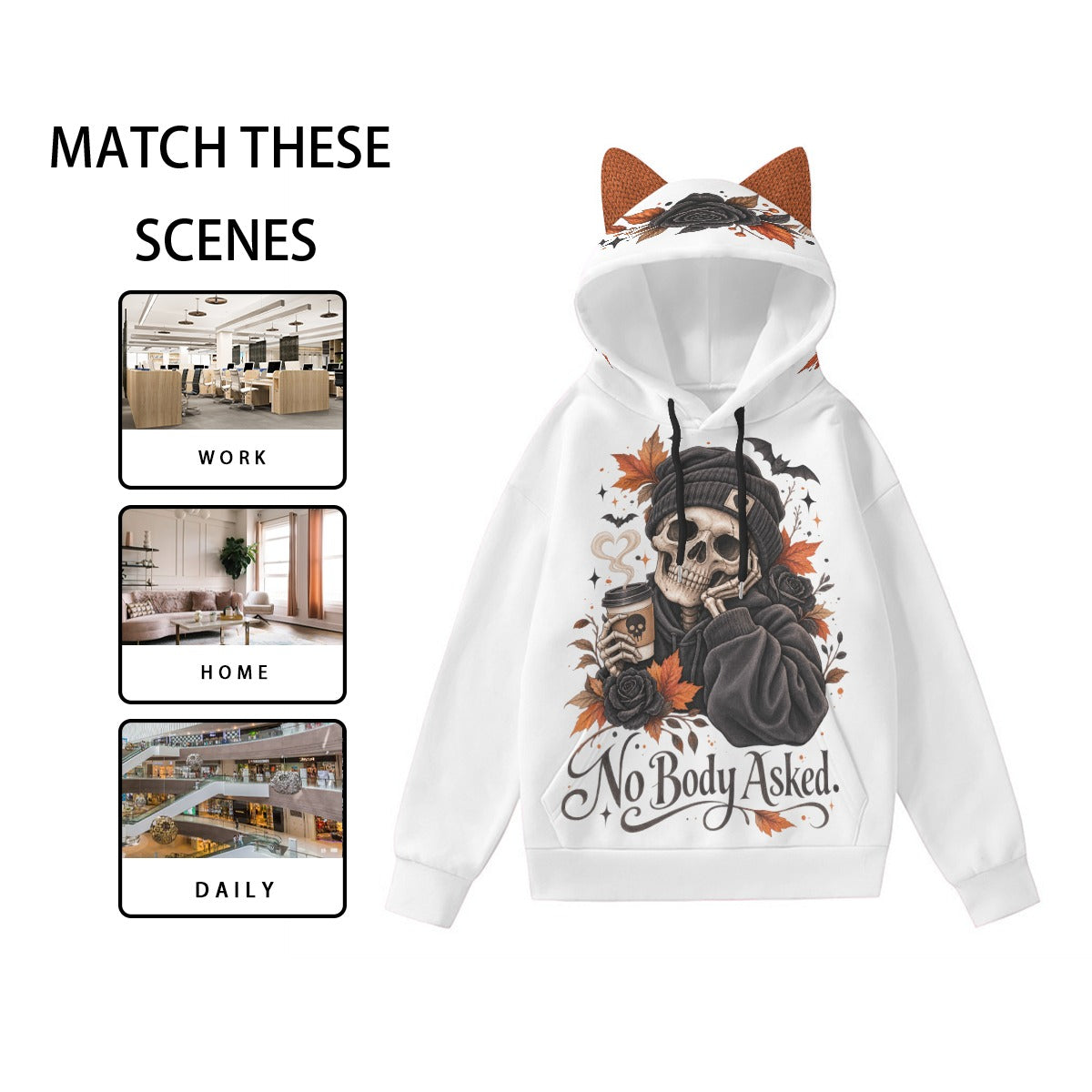 No Body Asked Halloween Hoodie With Ears | Gothic Skull Hoodie