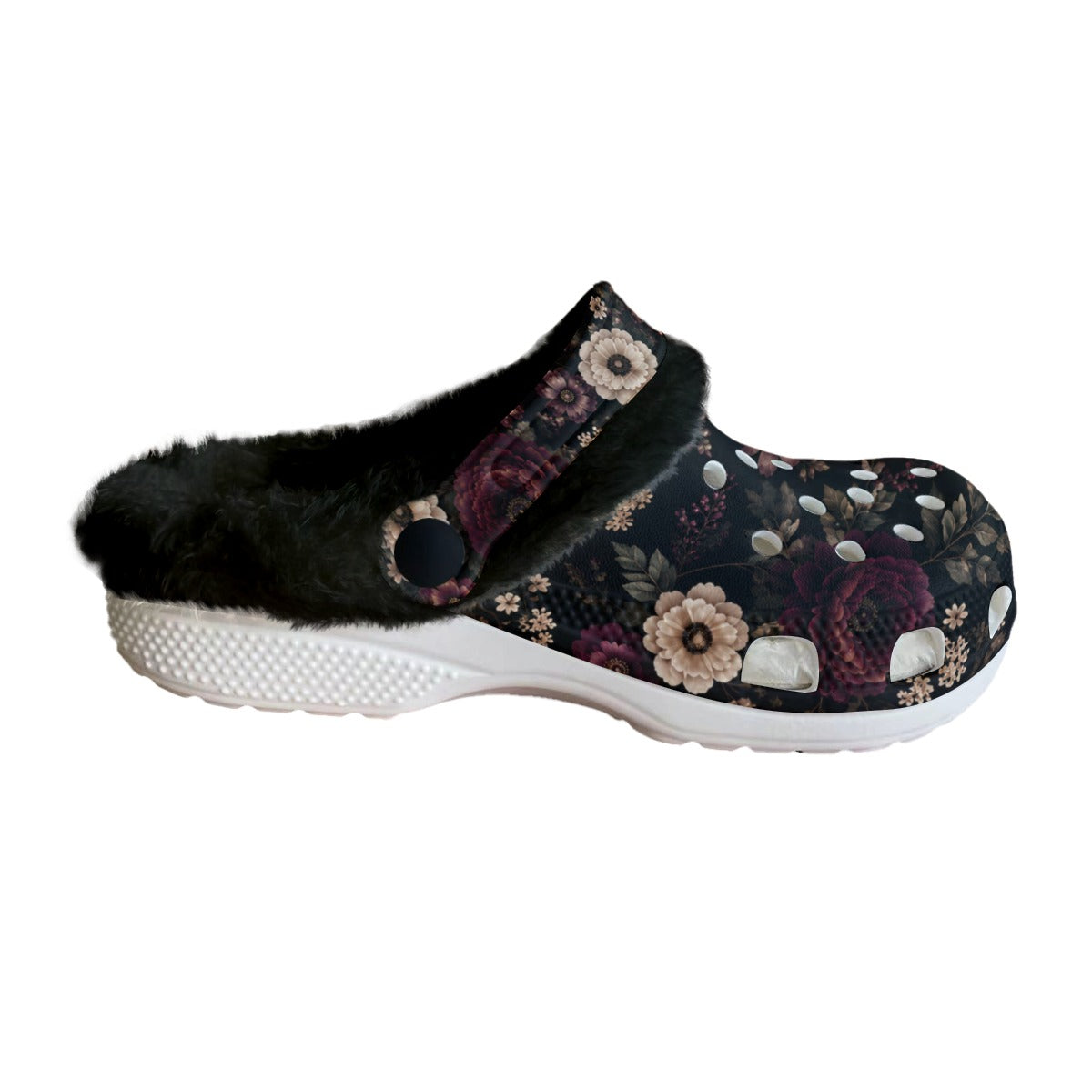 Midnight Floral Fleece Clogs – Women’s Cozy Slip-On Shoes