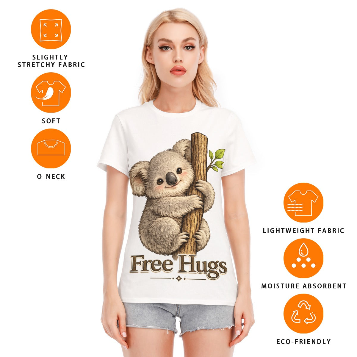 Free Hugs Koala T-Shirt | Cute Animal Graphic Tee for Women
