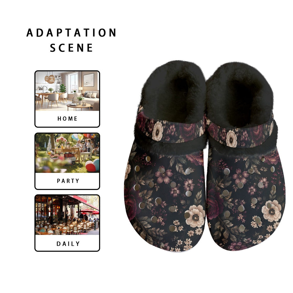 Midnight Floral Fleece Clogs – Women’s Cozy Slip-On Shoes