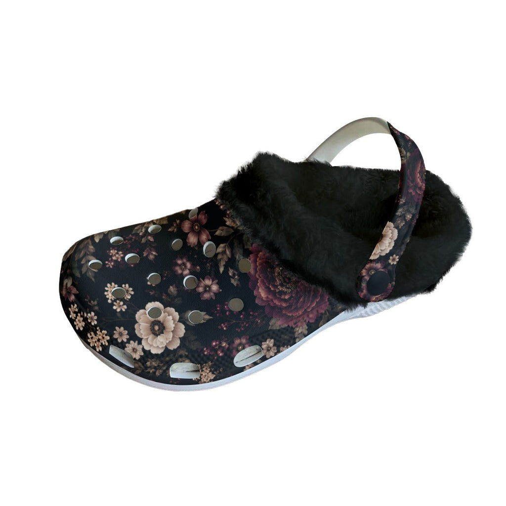 Midnight Floral Fleece Clogs – Women’s Cozy Slip-On Shoes
