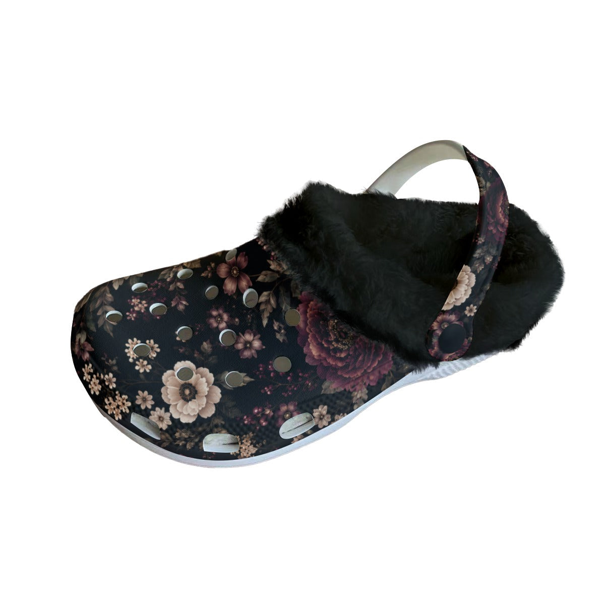 Midnight Floral Fleece Clogs – Women’s Cozy Slip-On Shoes