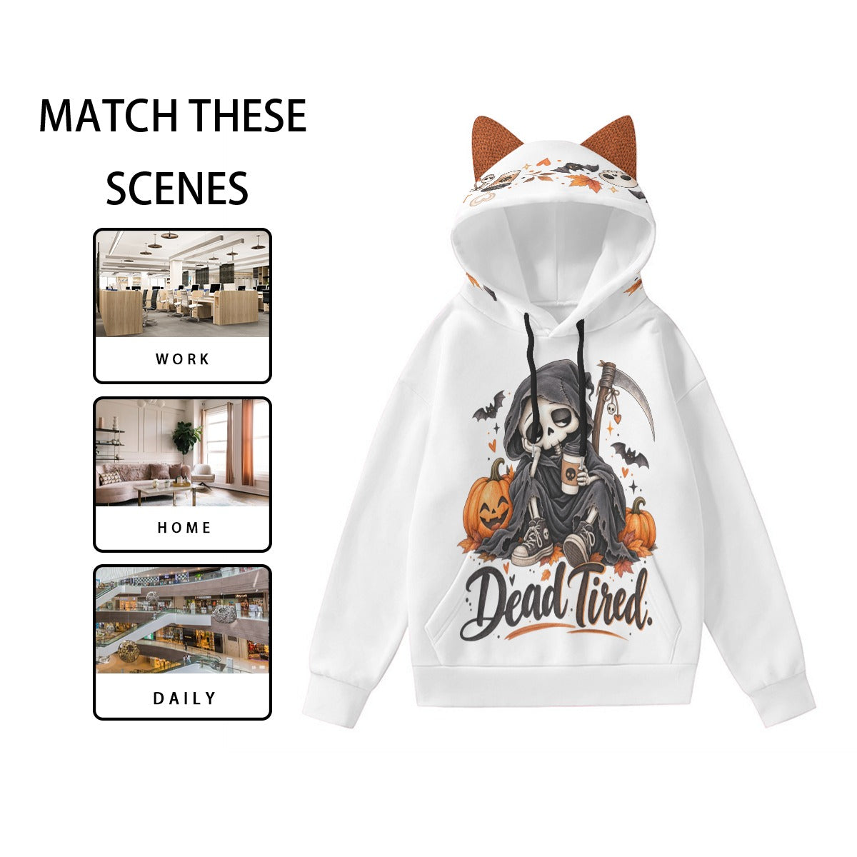 Dead Tired Halloween Hoodie With Ears | Grim Reaper