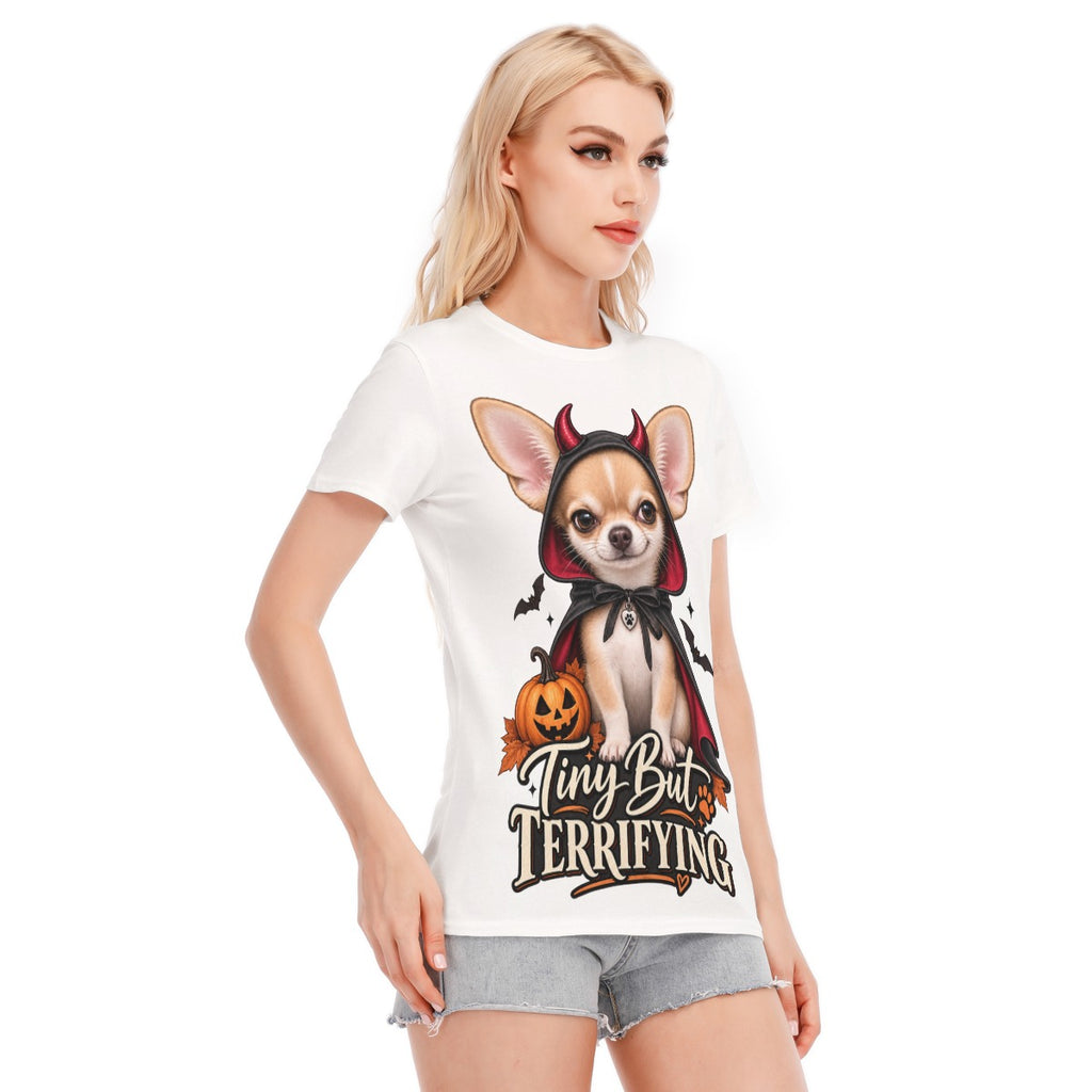 “Tiny But Terrifying” Chihuahua Halloween T-Shirt – Women’s Cotton Tee