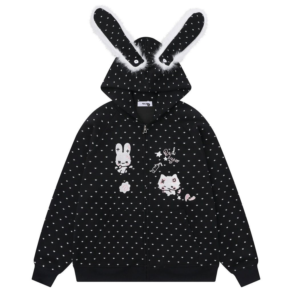 Plush Bunny Ear Zip Hoodie – Cozy Oversized Rabbit Hoodie