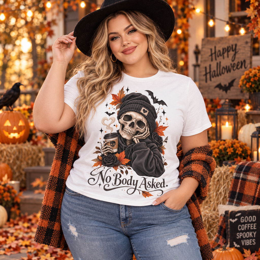 “No Body Asked” Skeleton Graphic T-Shirt – Women’s Cotton Tee