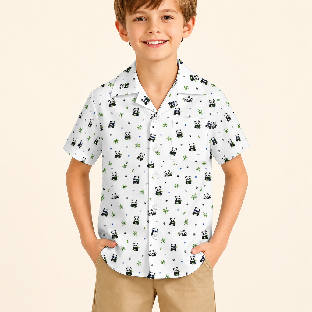 Kids Panda Print Cuban Collar Shirt | Lightweight Summer Shirt