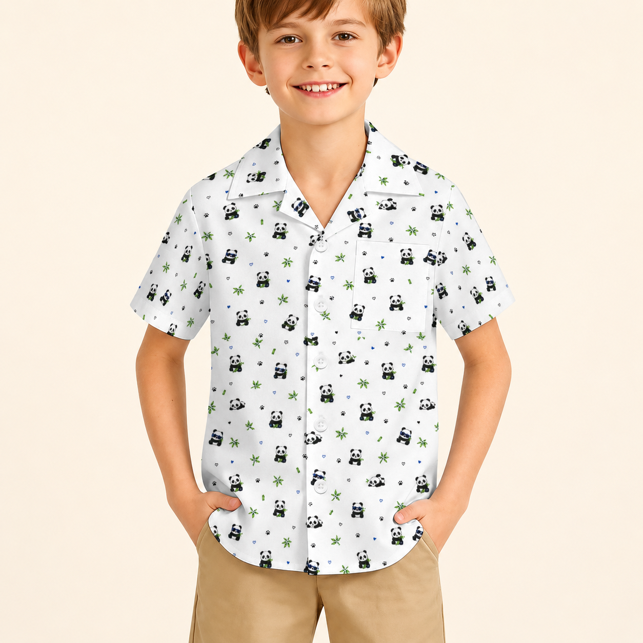 Kids Panda Print Cuban Collar Shirt | Lightweight Summer Shirt