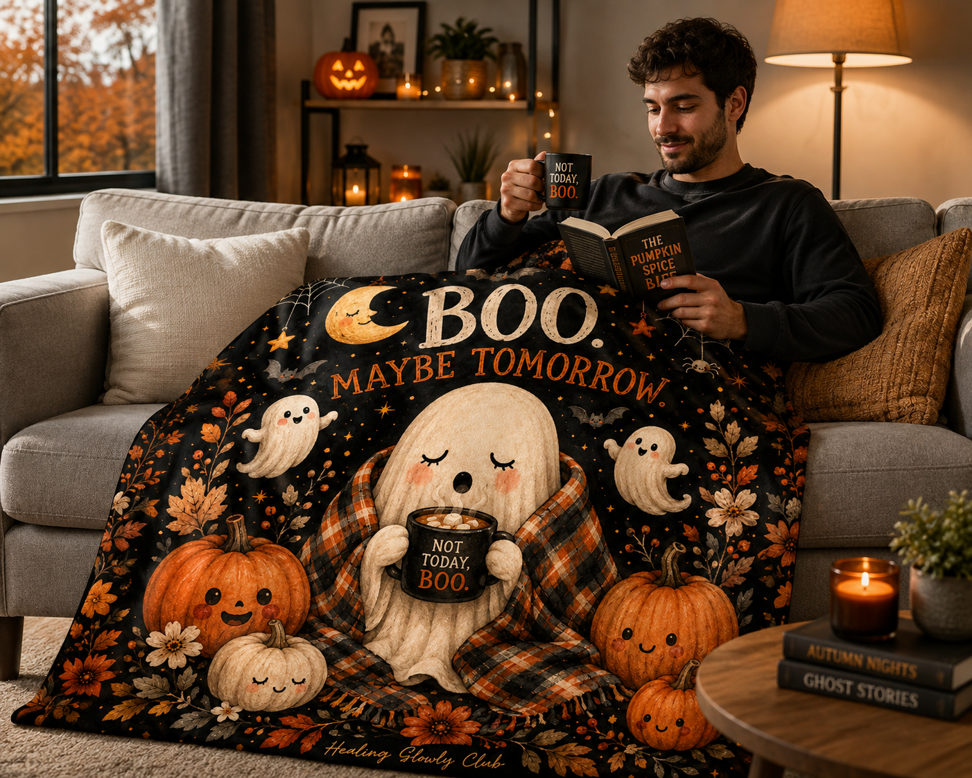 BOO. Maybe Tomorrow Halloween Ghost Throw Blanket