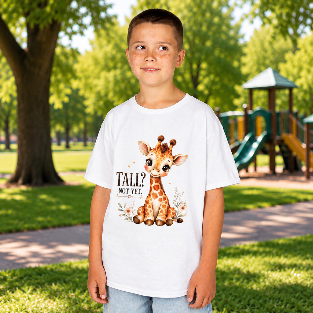 Kids Giraffe T-Shirt – “Tall? Not Yet.” Cute Giraffe Tee