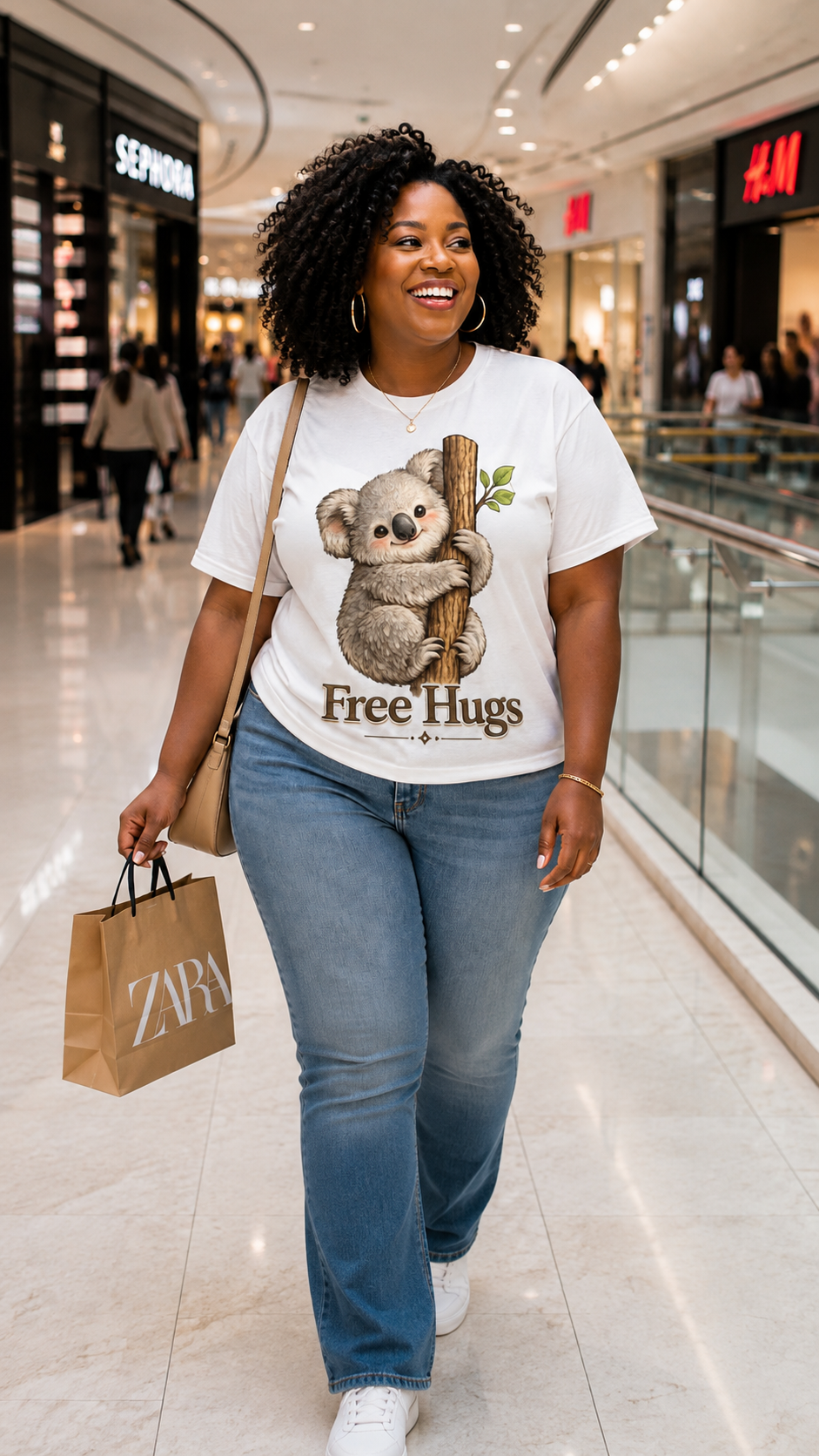 Free Hugs Koala T-Shirt | Cute Animal Graphic Tee for Women