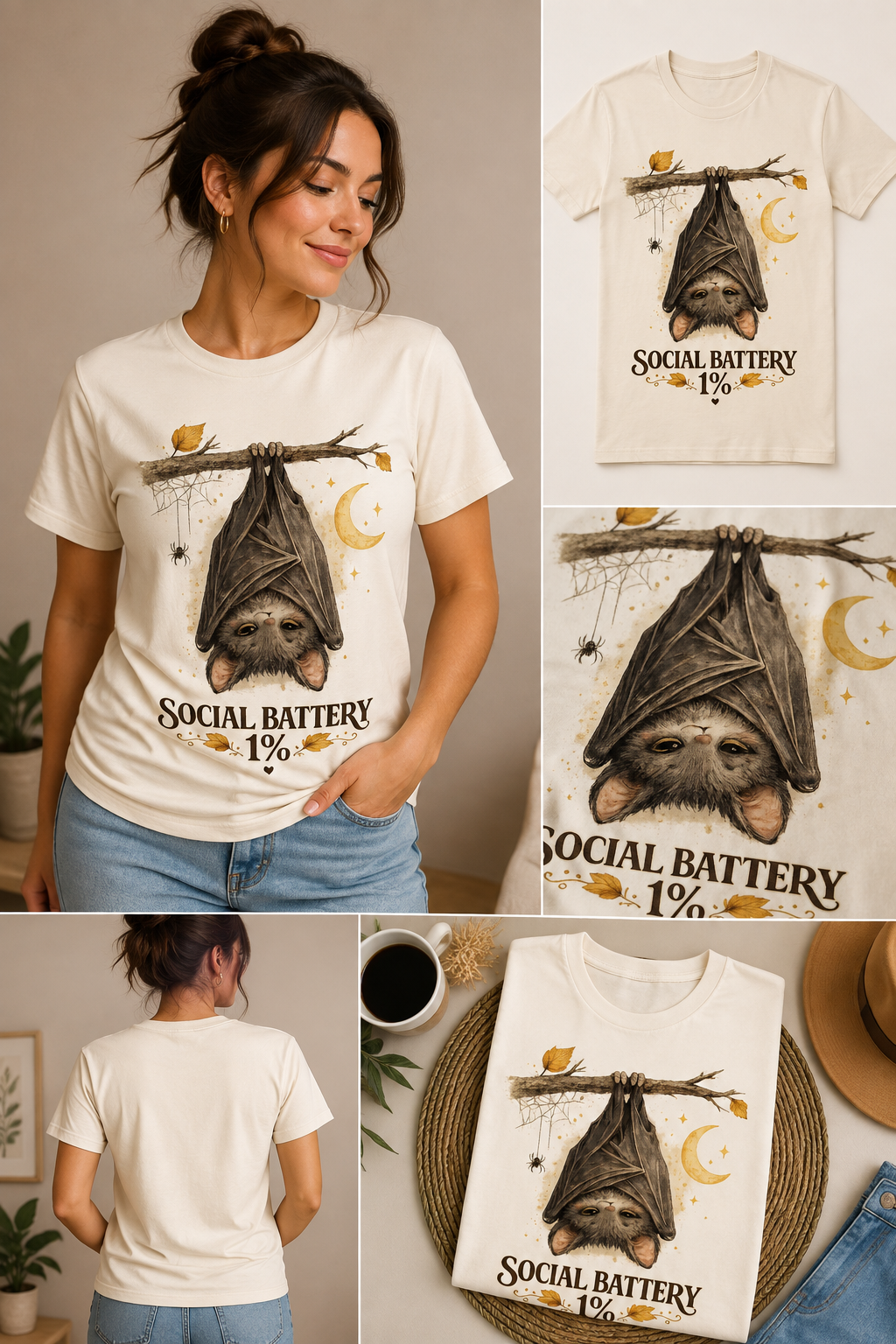 Social Battery 1%™ Cute Bat Halloween T-Shirt