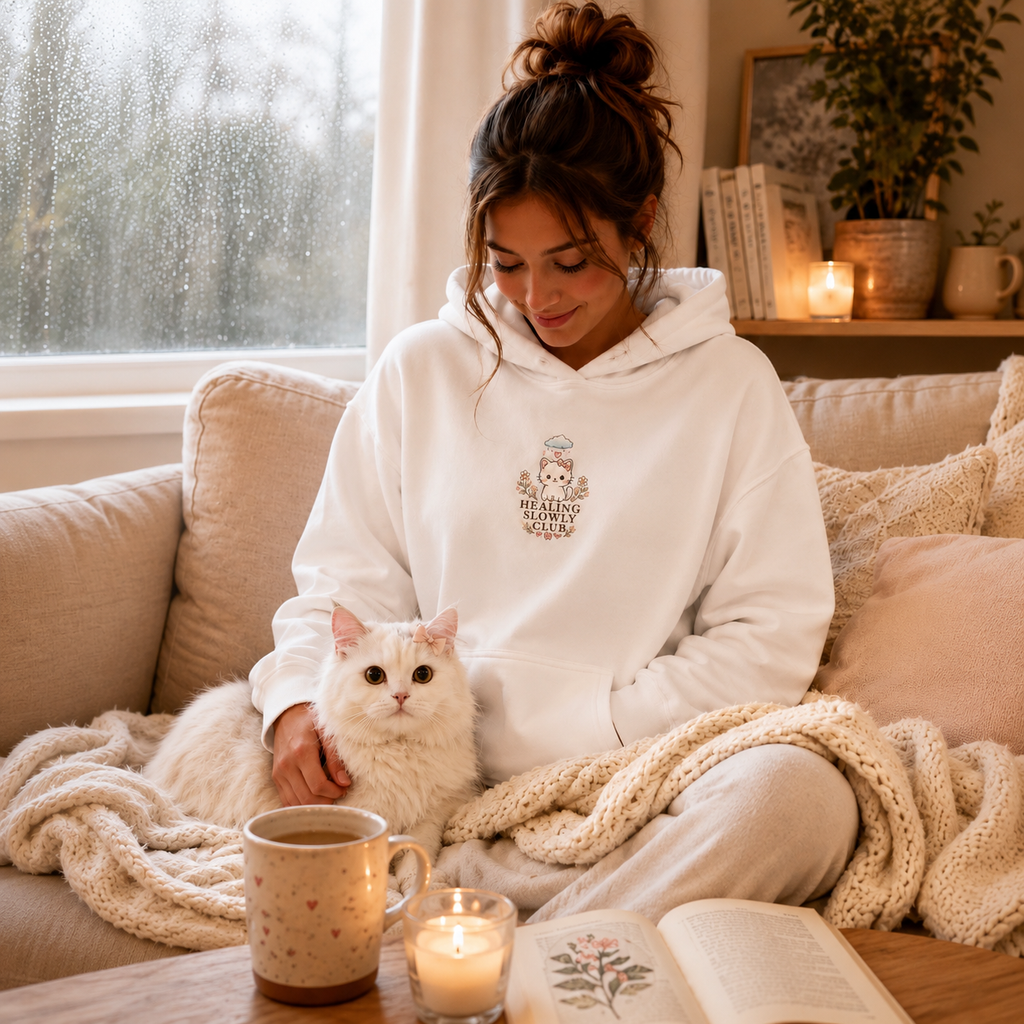 Rainy Day Comfort Cat Hoodie – Mini Story Collection