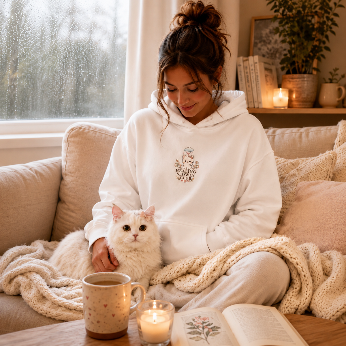 Rainy Day Comfort Cat Hoodie – Mini Story Collection