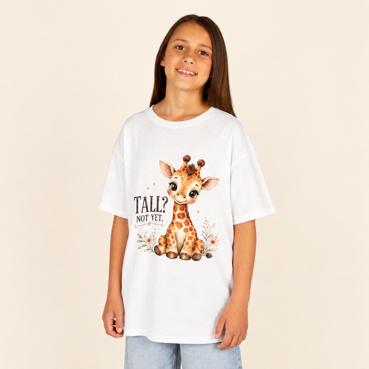 Kids Giraffe T-Shirt – “Tall? Not Yet.” Cute Giraffe Tee