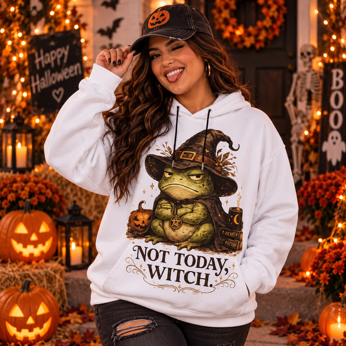 Not Today Witch Frog Halloween Hoodie With Ears | Cozy Spooky Hoodie