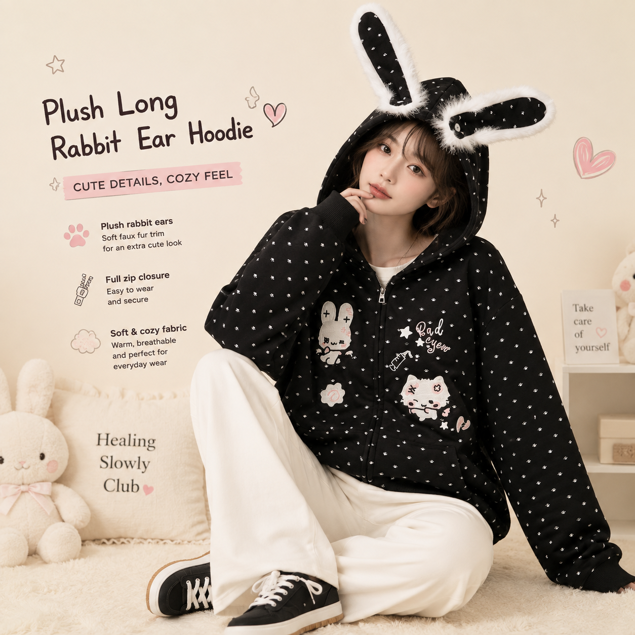 Plush Bunny Ear Zip Hoodie – Cozy Oversized Rabbit Hoodie