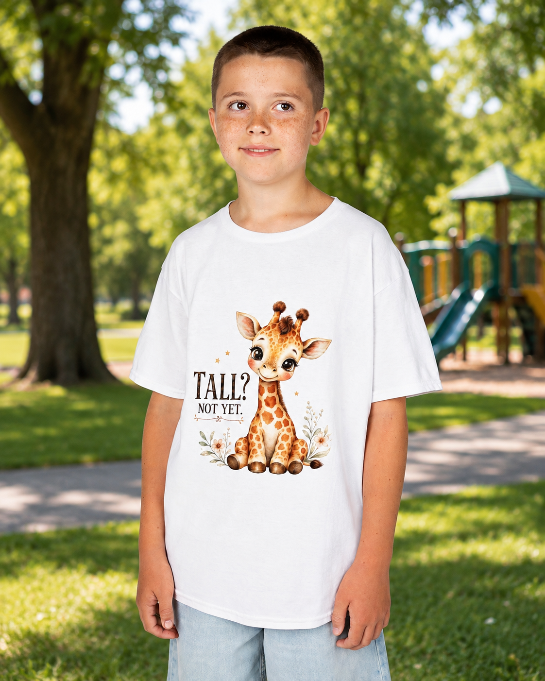 Kids Giraffe T-Shirt – “Tall? Not Yet.” Cute Giraffe Tee