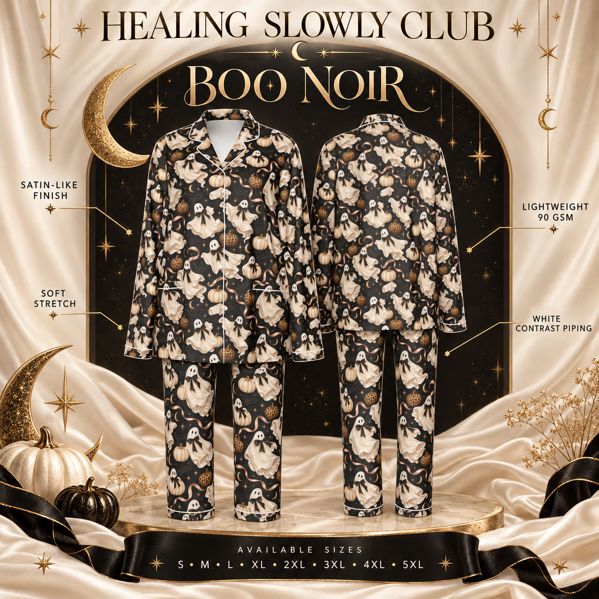 Boo Noir Luxury Halloween Satin Pajama Set for Women