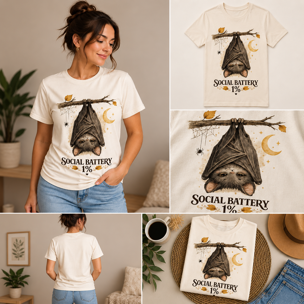 Social Battery 1%™ Cute Bat Halloween T-Shirt