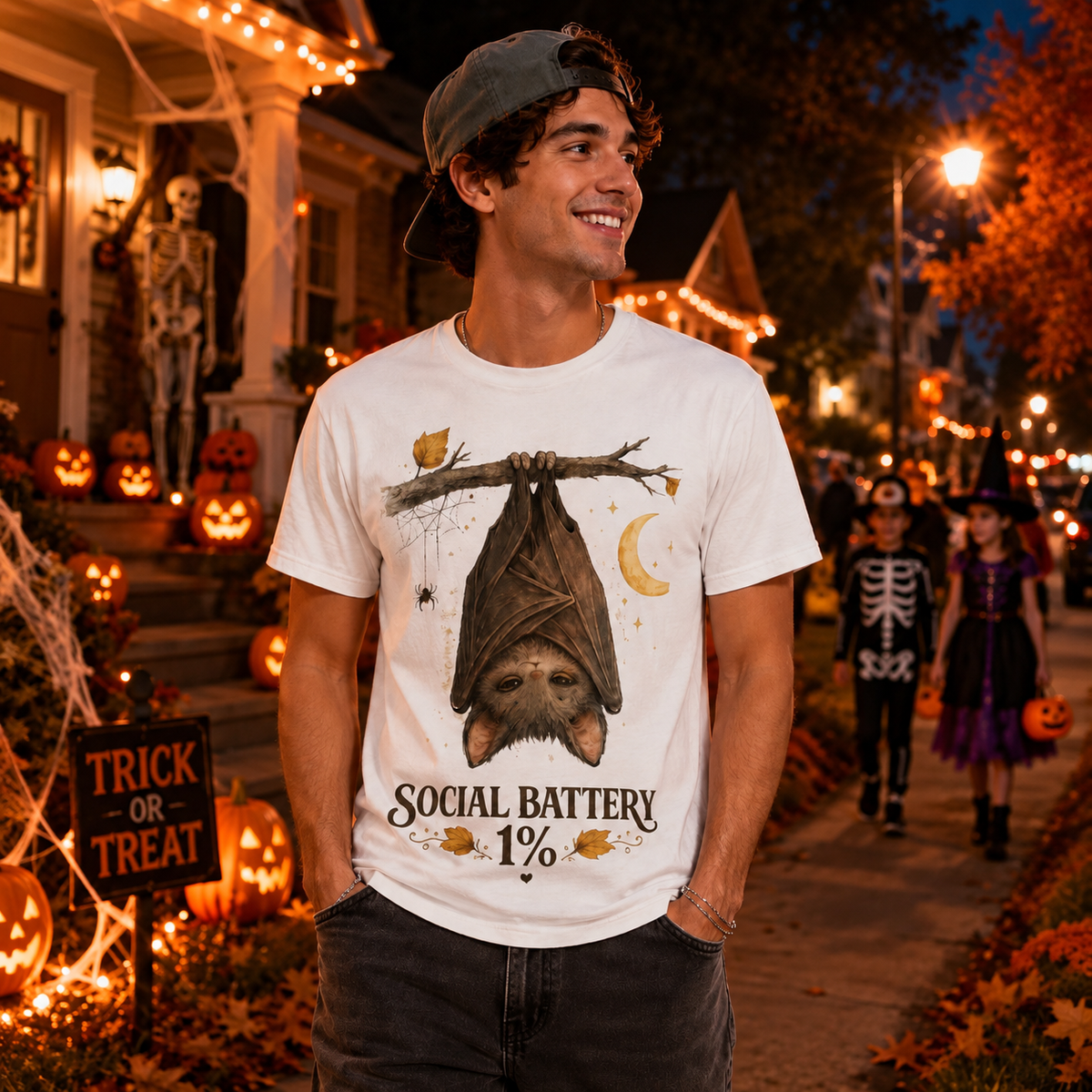 Social Battery 1%™ Cute Bat Halloween T-Shirt