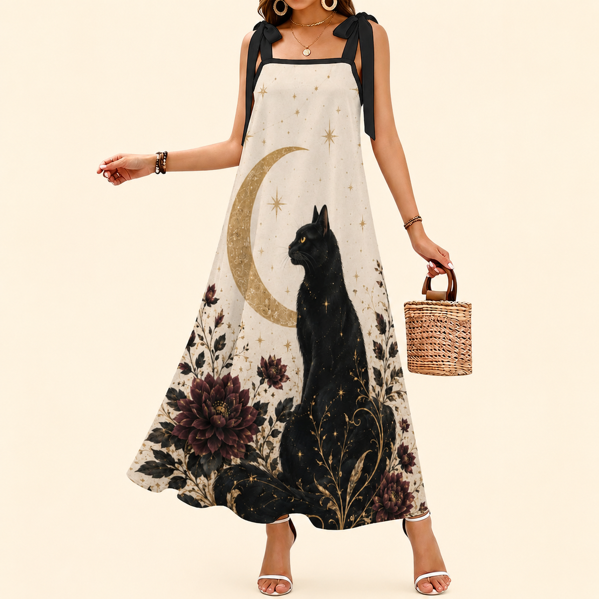 Celestial Black Cat Moon Floral Maxi Dress