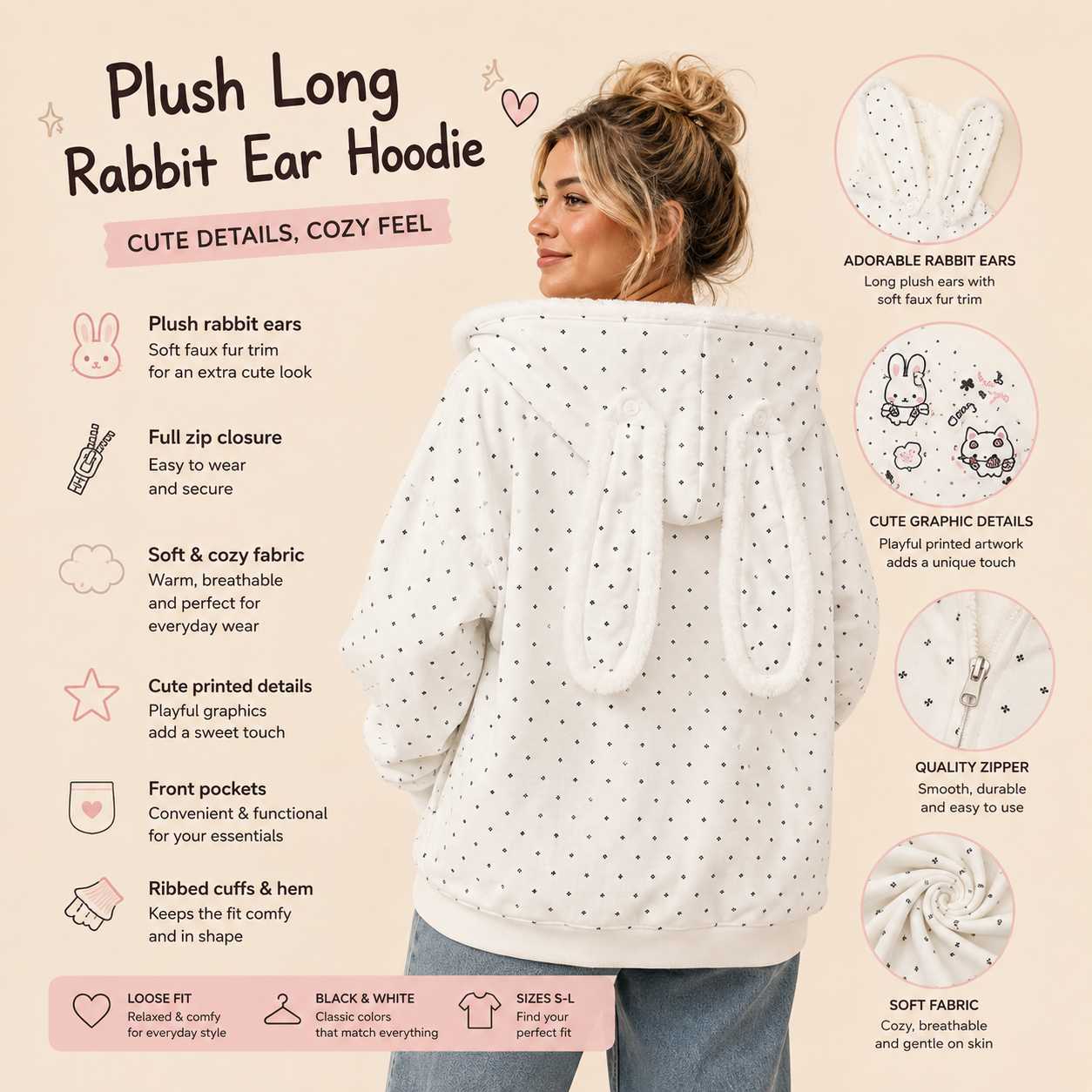 Plush Bunny Ear Zip Hoodie – Cozy Oversized Rabbit Hoodie