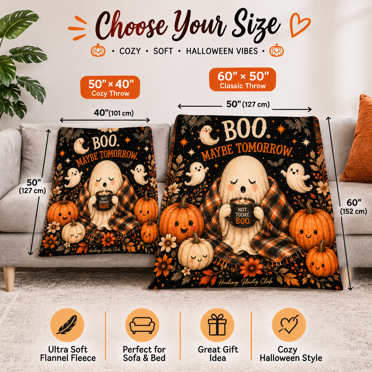 BOO. Maybe Tomorrow Halloween Ghost Throw Blanket