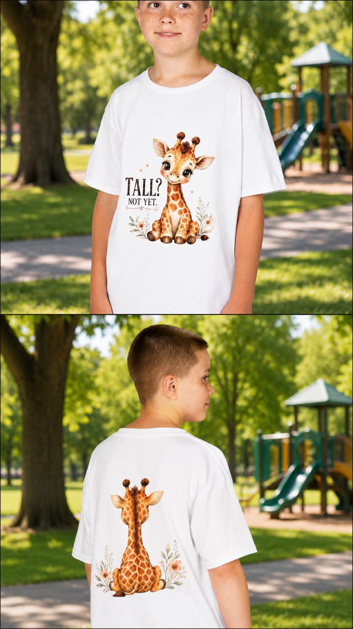 Kids Giraffe T-Shirt – “Tall? Not Yet.” Cute Giraffe Tee