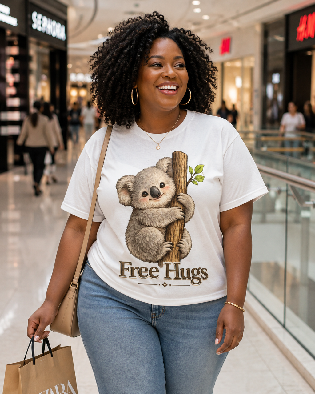 Free Hugs Koala T-Shirt | Cute Animal Graphic Tee for Women