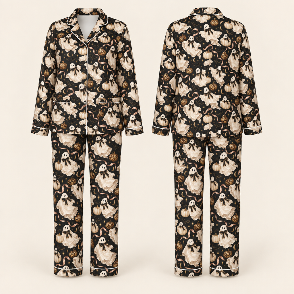 Boo Noir Luxury Halloween Satin Pajama Set for Women