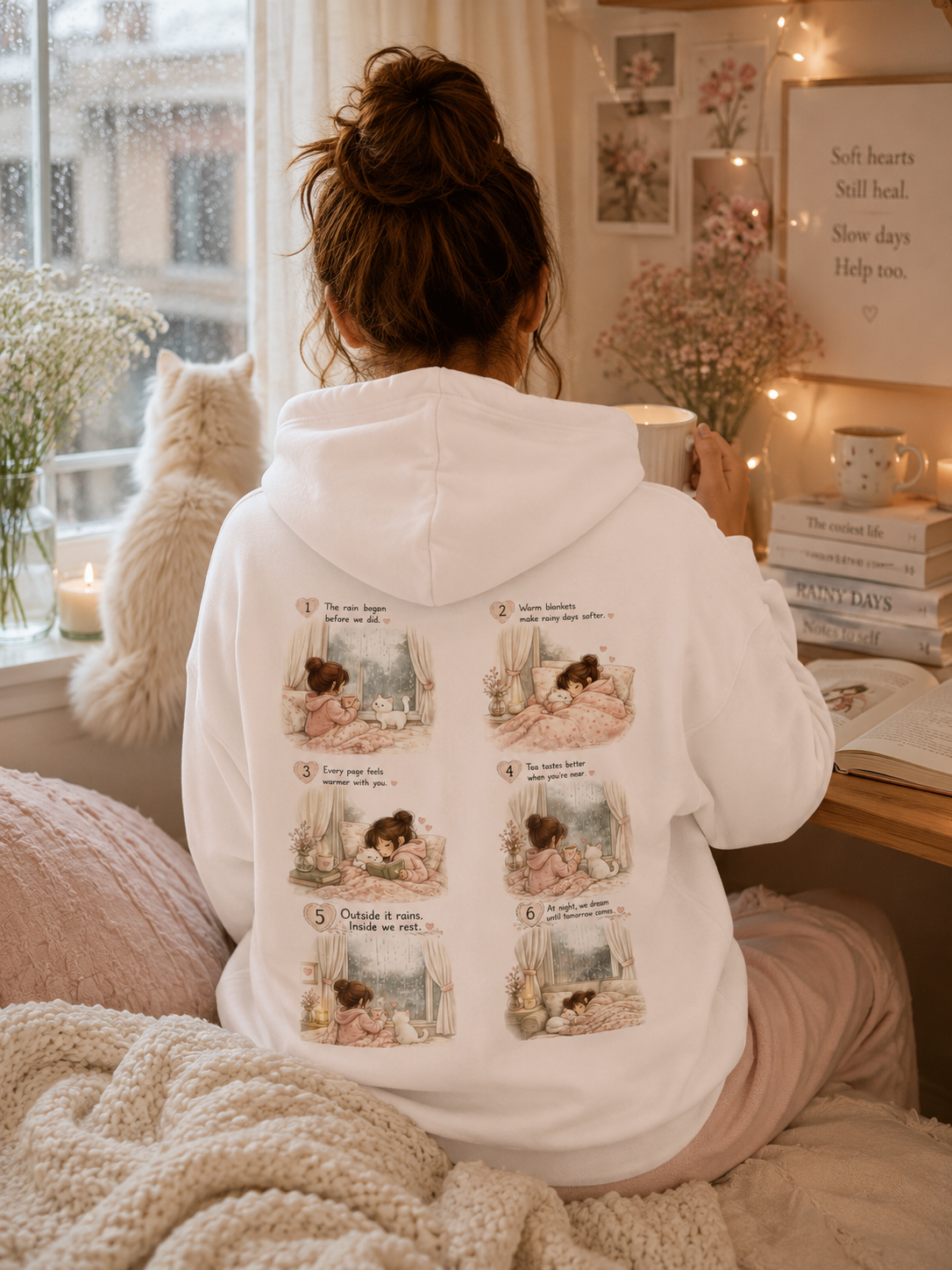 Rainy Day Comfort Cat Hoodie – Mini Story Collection