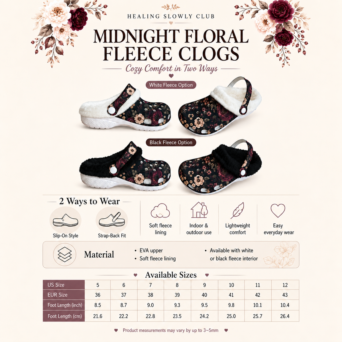 Midnight Floral Fleece Clogs – Women’s Cozy Slip-On Shoes