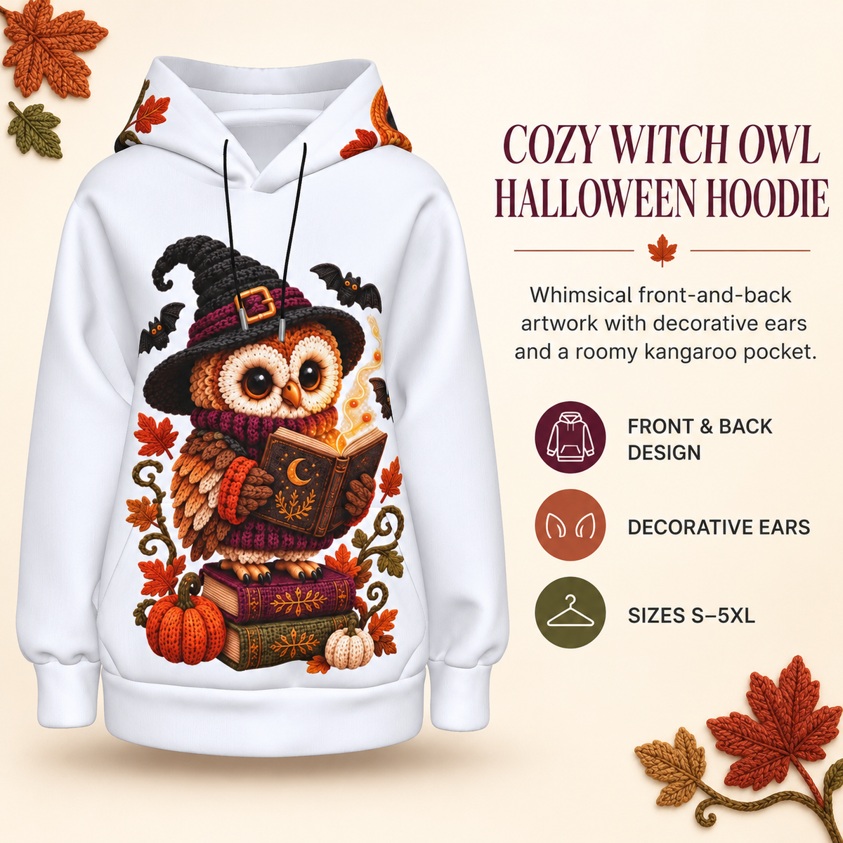 Cozy Witch Owl Halloween Hoodie with Decorative Ears