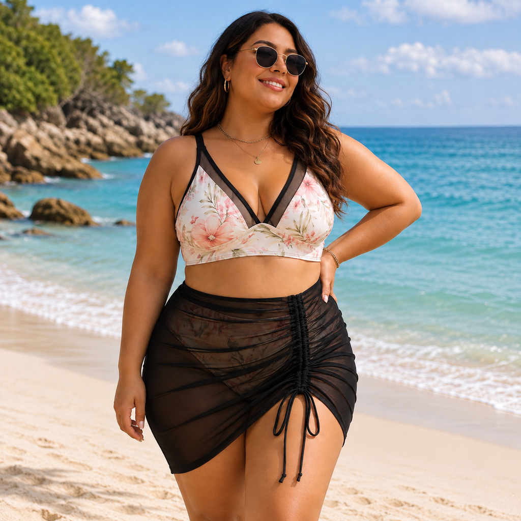 Floral Bikini Set with Attached Black Mesh Skirt – 2-Piece Swimwear