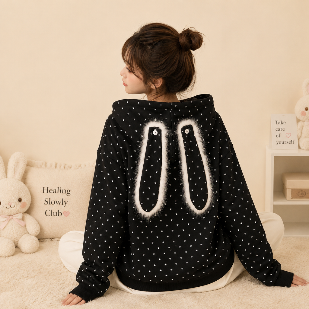 Plush Bunny Ear Zip Hoodie – Cozy Oversized Rabbit Hoodie
